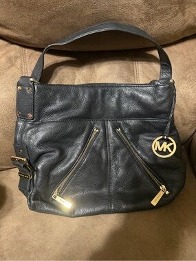 Michael Kors Black Leather Shoulder Bag with Gold Accents